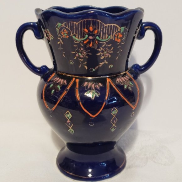 Vintage Cobalt Blue Hand Painted Double Handled Vase Japan - Picture 1 of 7